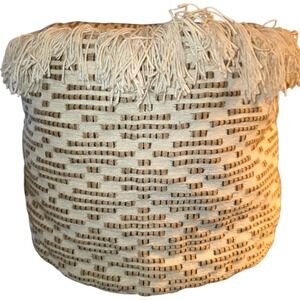 Boho Woven Storage Basket Fringe Cream Tan Textured Round Organizer